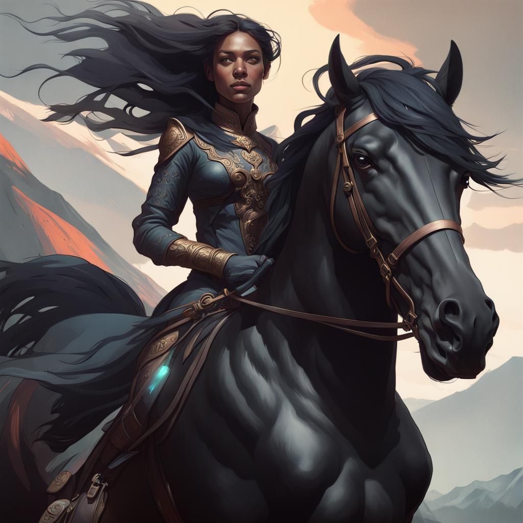 Woman Riding Black Horse Portrait in Digital Art