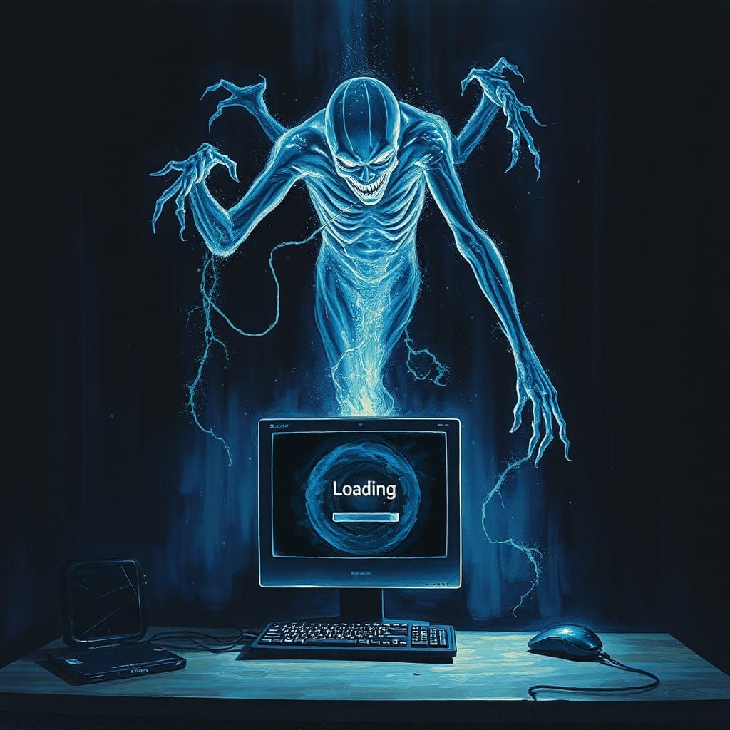 Ethereal Figure Enters Computer in Dark Fantasy Style