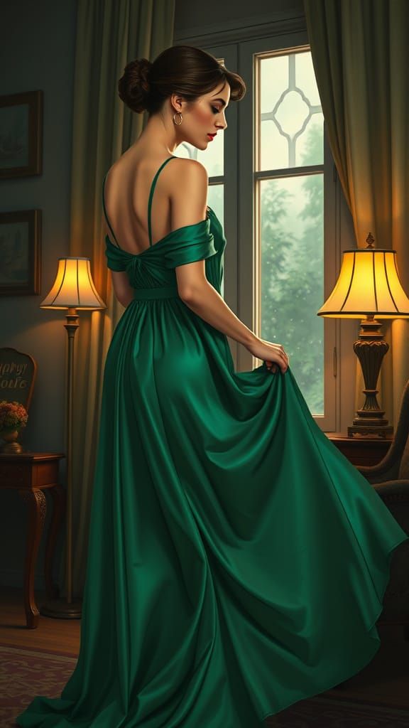 Housewife in Emerald Satin by Art Nouveau Window
