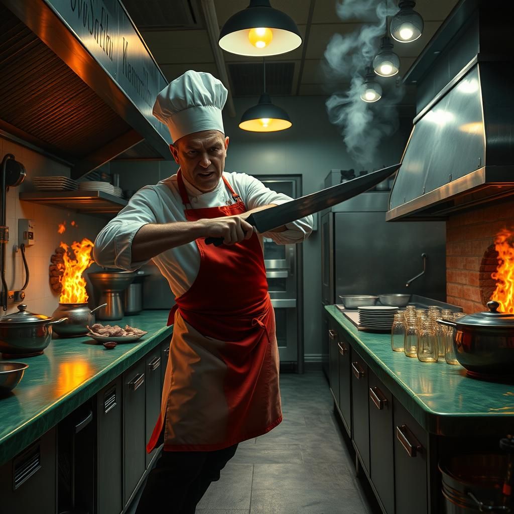 Menacingly Lit Kitchen Scene in Hyperrealistic Style