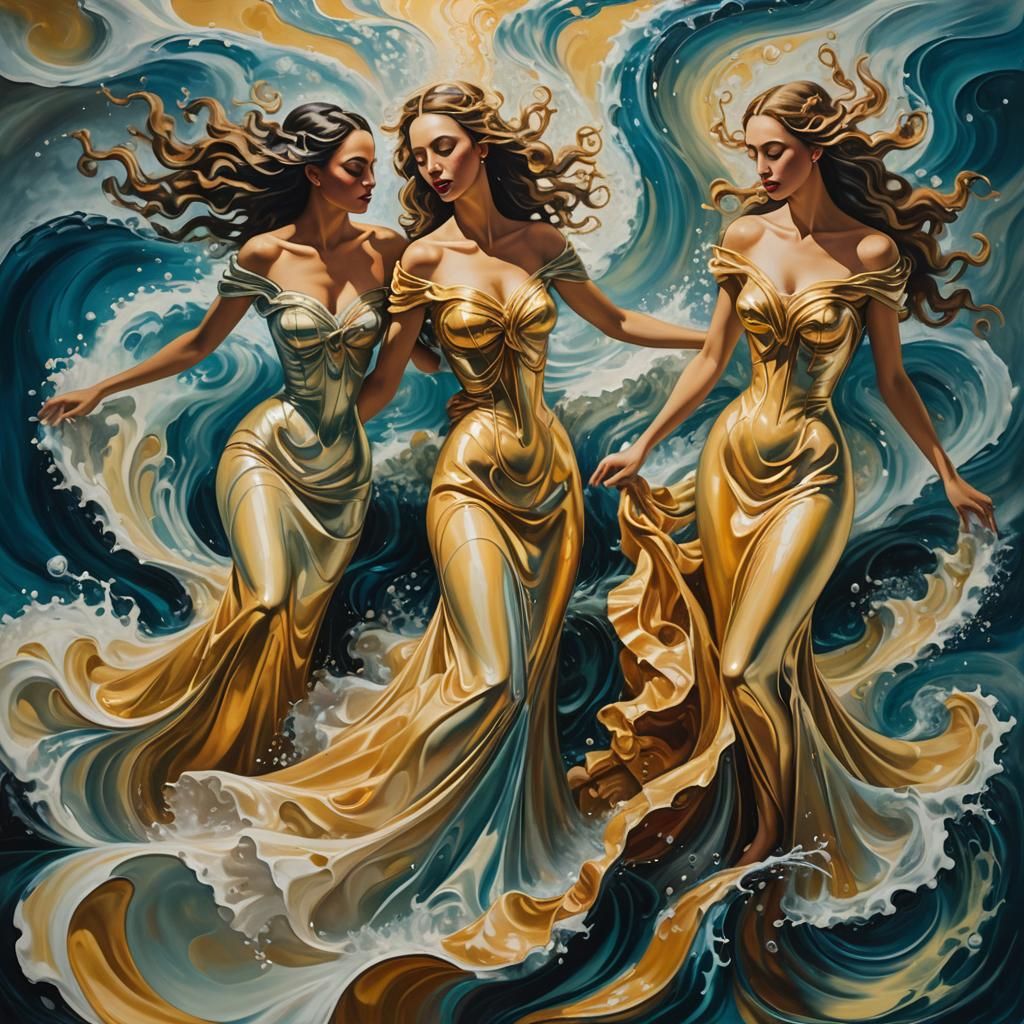 Surreal Sirens in Flowing Gowns, Oil on Canvas