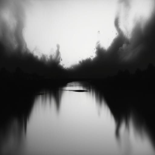 Moody River Landscape in Sepia Hues with Explosive Orange Fi...