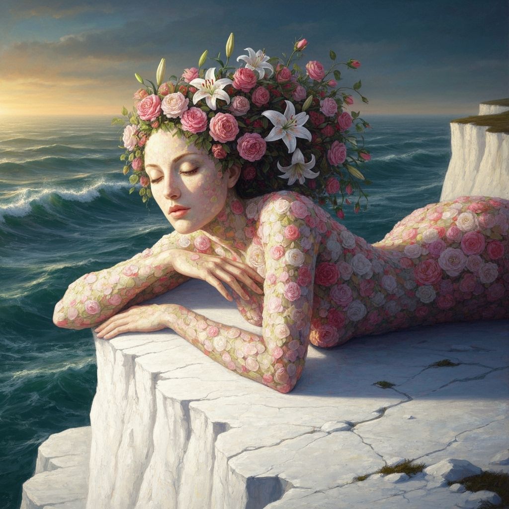 Surreal Floral Woman Portrait on Cliffside