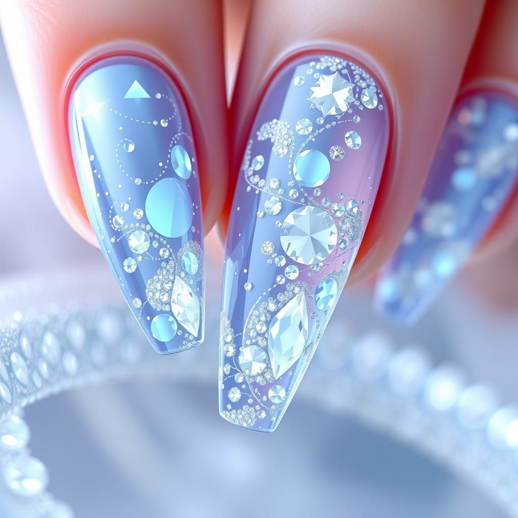 Crystal Nail Art with Tiny Shiny Stones in Light Blue