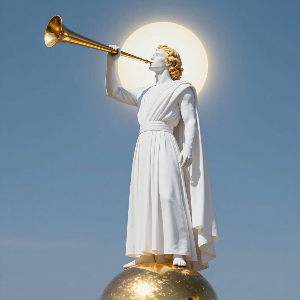Radiant Man Plays Ancient Gold Horn on Reflective Sphere