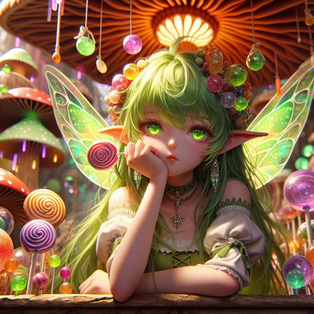 Anime Fairy Girl in Mushroom Candy Shop