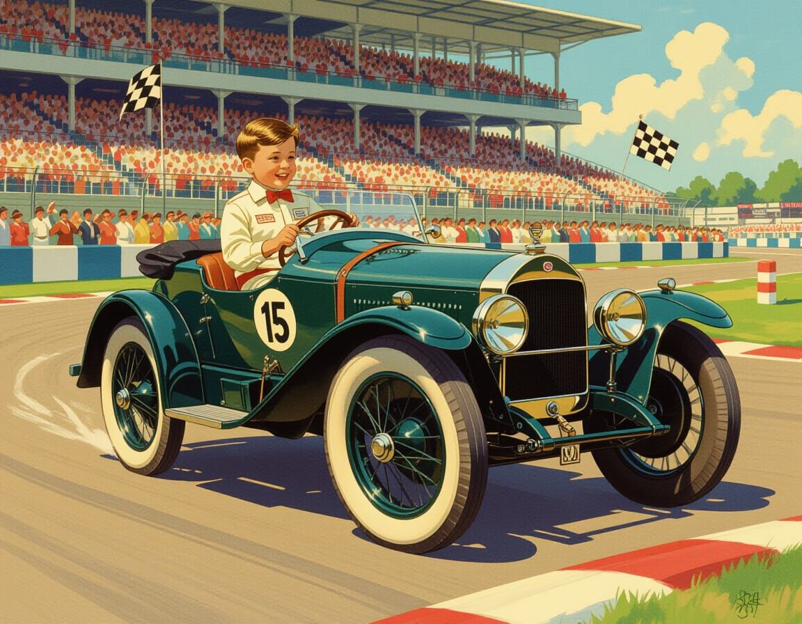 Boy Racer in Miniature Vintage Car, Classic Illustration Sty...