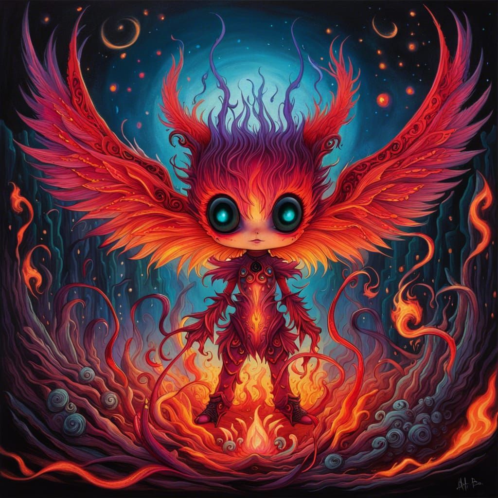Chibi Hell Pixie with Fire Wings in Psychedelic Art