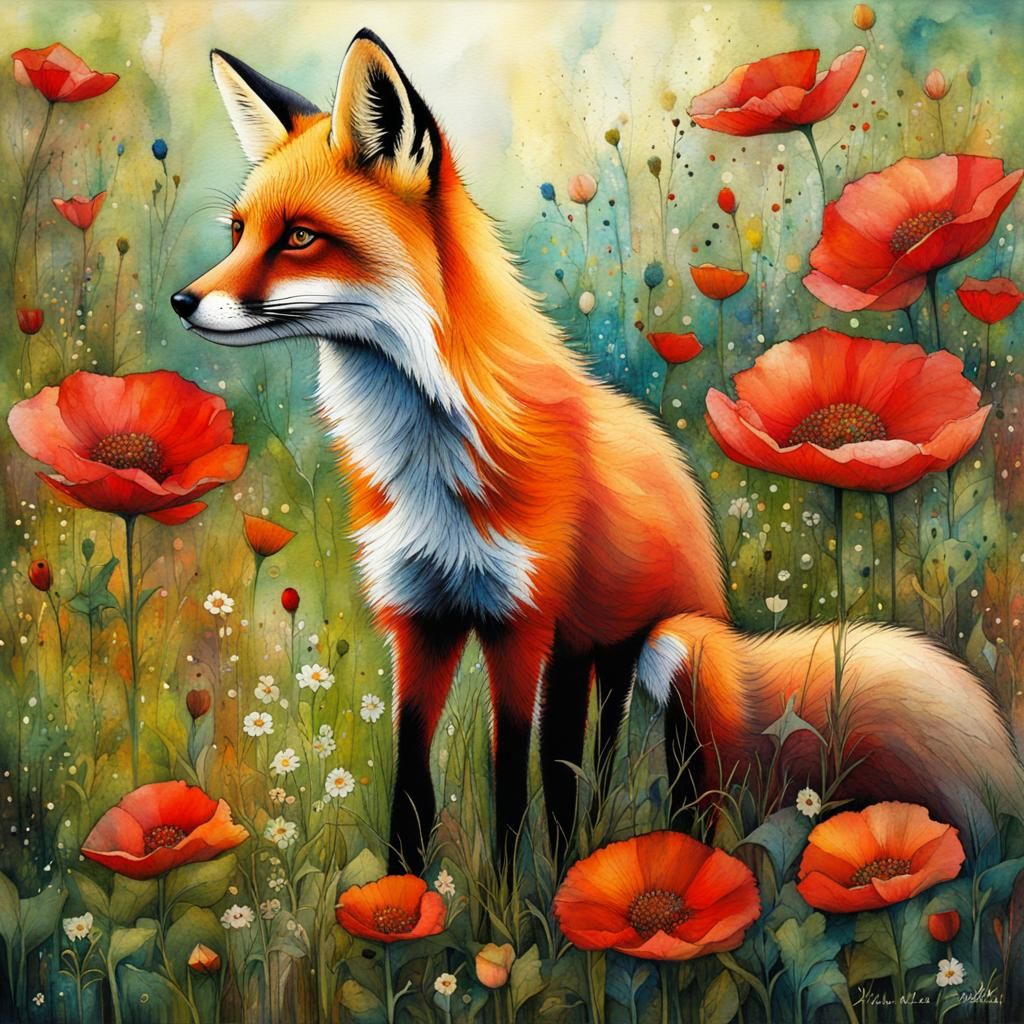 Red Fox in Wildflower Meadow: Art Brut Illustration