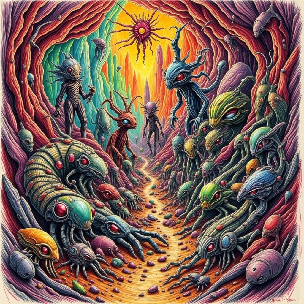 Surreal Bugpunk Aliens Encounter Astronaut in Cave