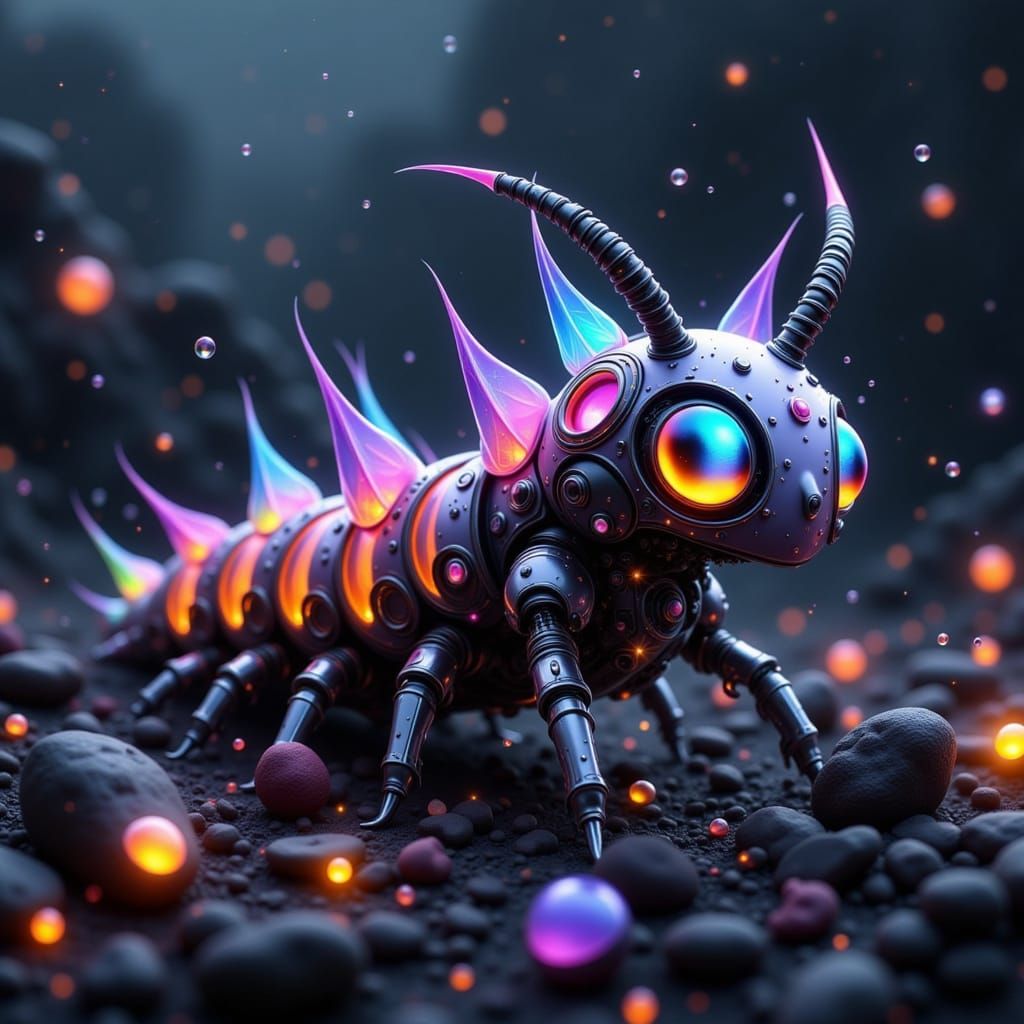 Robotic Inchworm in Steampunk City, Syd Mead Style