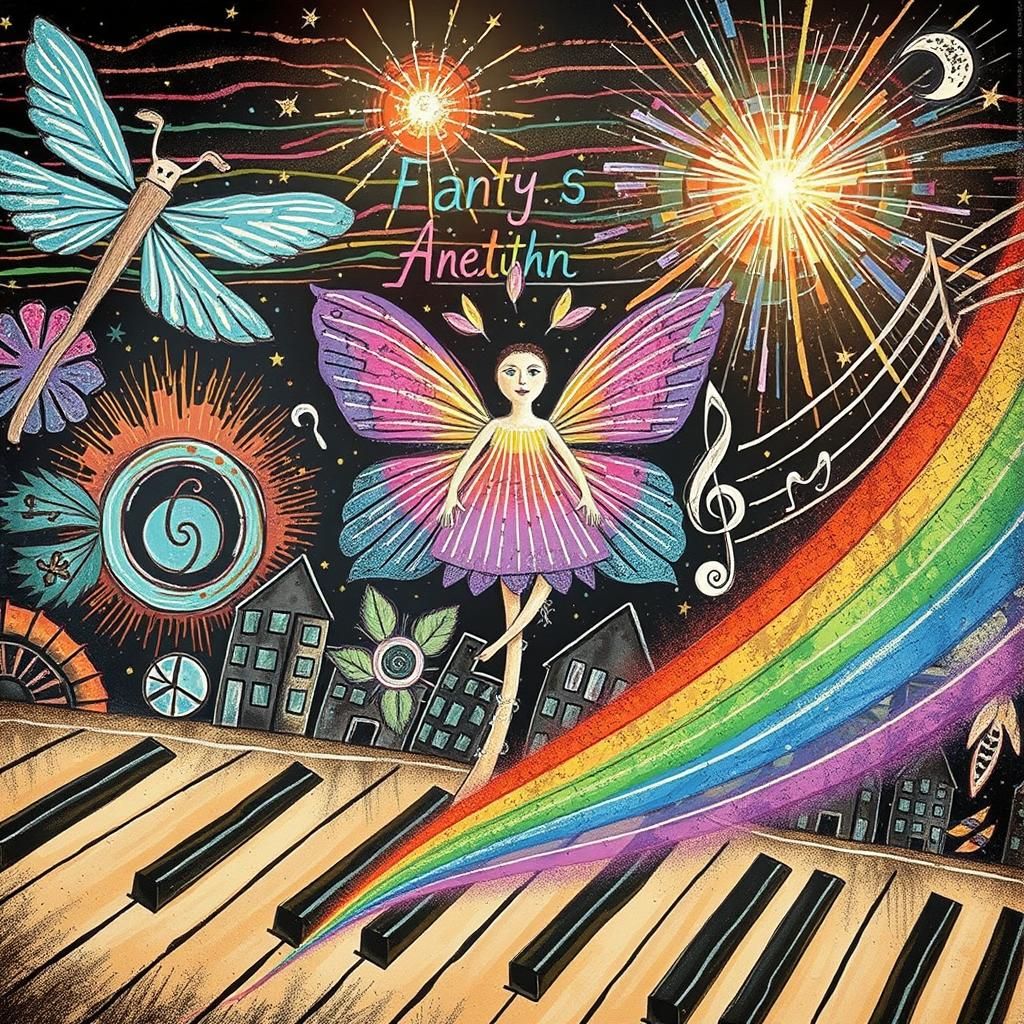 Crayon-Drawn Cityscape under Starry Night Sky