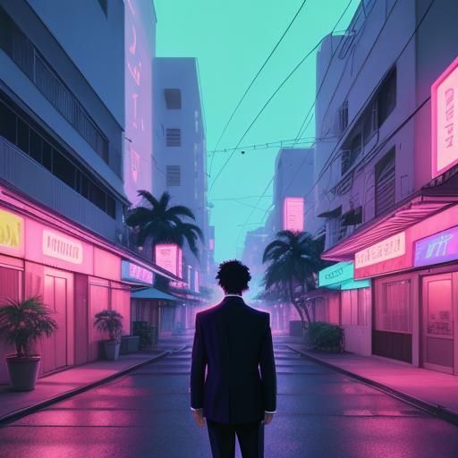 Neo-Noir Anime Man in 80s Miami Neon