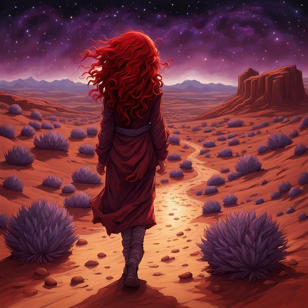 Girl with Purple Hair in Desert at Night