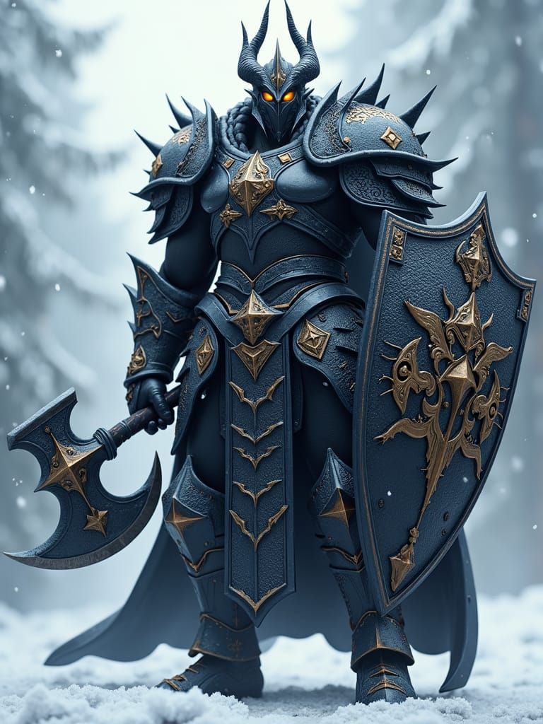 Armored Black Dragonborn Warrior in Falling Snow