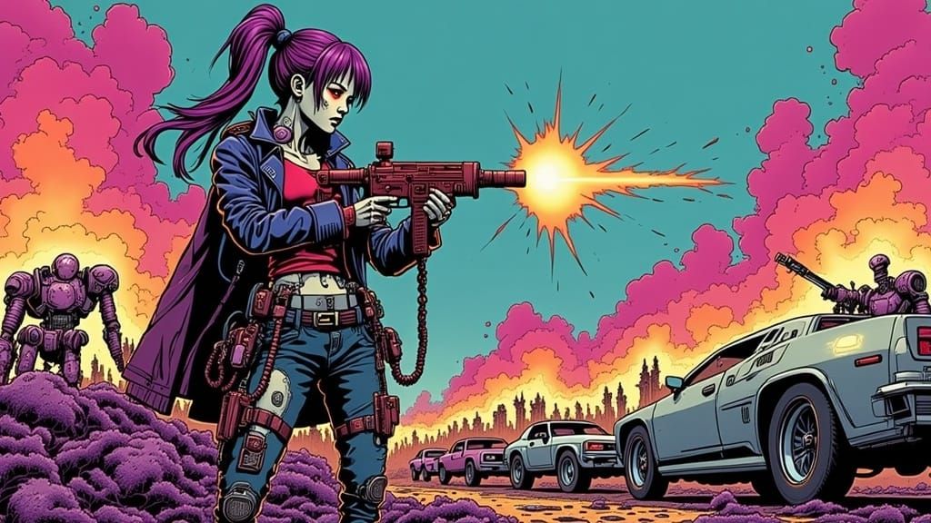 Cyborg Warrior Emerges from Apocalypse in Comic Book Style