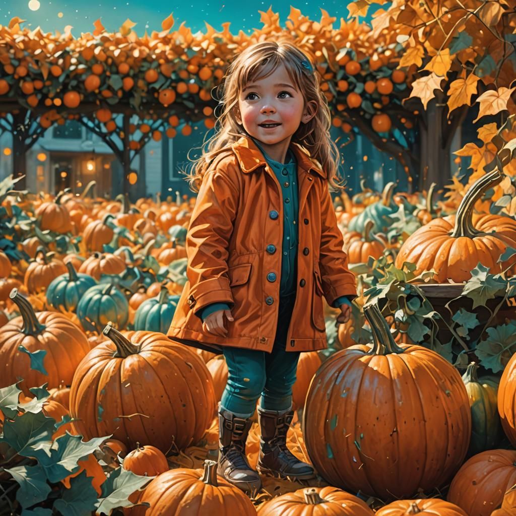 Girl in Orange Coat Among Pumpkins, Splash Art