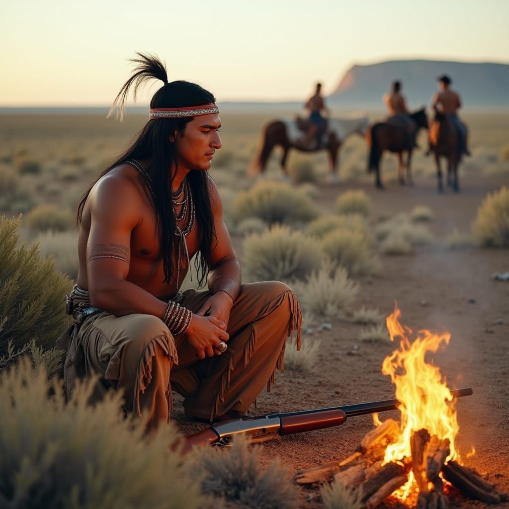 Native American Man by Campfire in Badlands