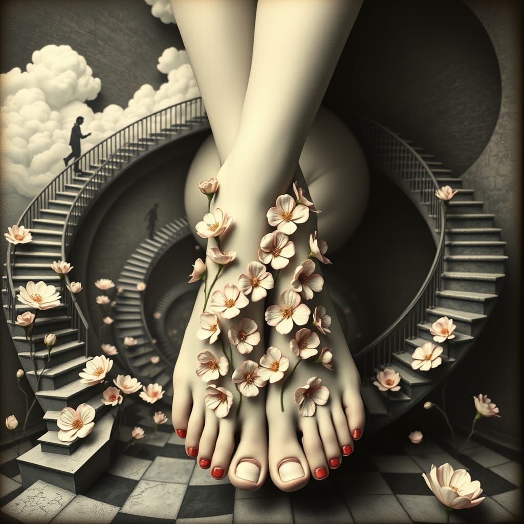 Surreal Woman Blooms in Escher-Inspired Landscape