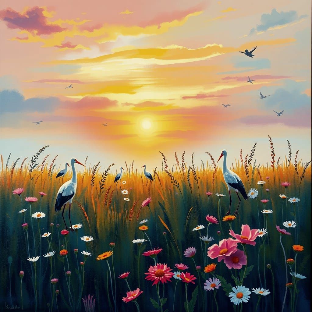 Storks in Wildflower Field at Sunset: Impressionist Painting