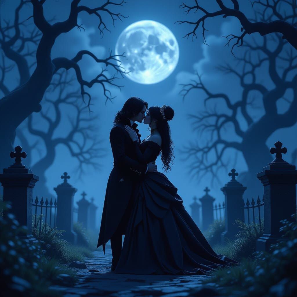 Victorian Gothic Kiss in Cemetery, 3D Anime Art