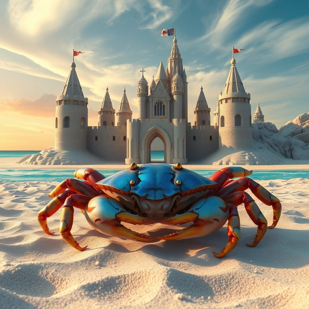 Majestic Crab in Front of Sandcastle Palace Beach Scene