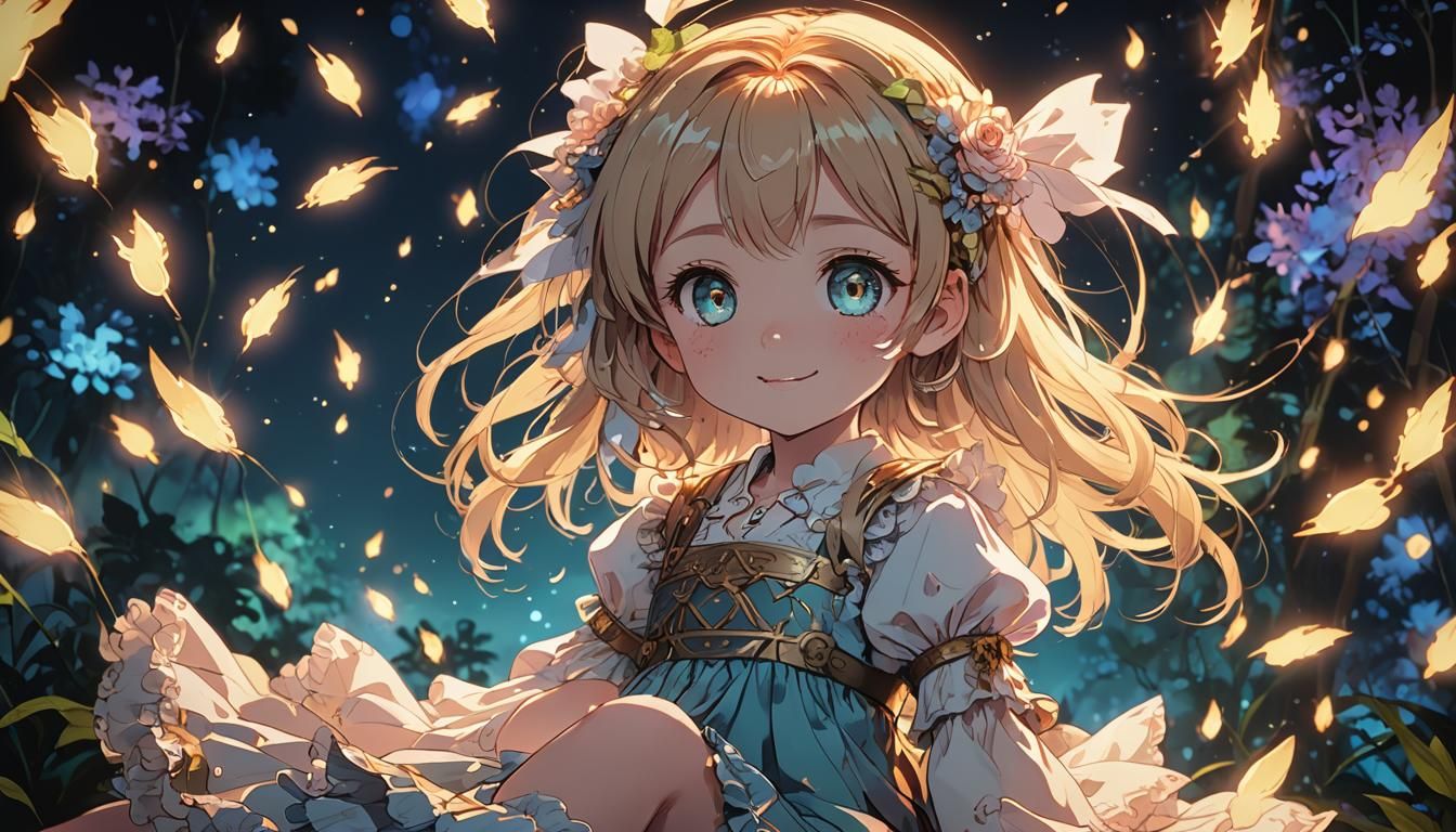 Anime Baby Doll with Fireflies in Cel-Shaded Style