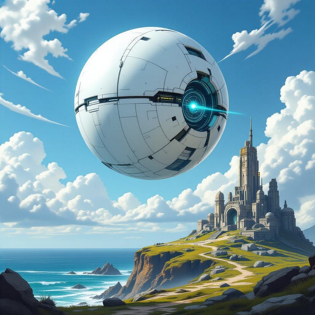 Giant White Sphere Over Abandoned Fortress: Sci-Fi Art