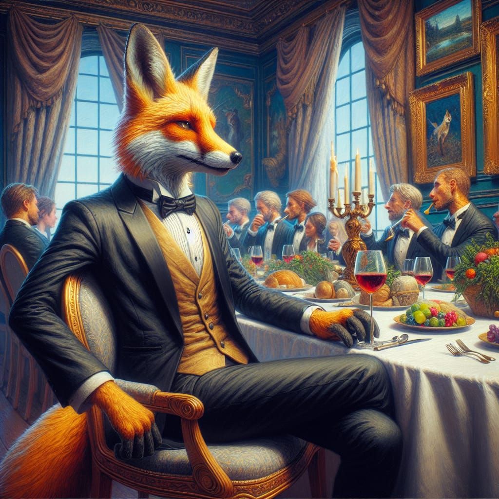 Anthropomorphic Fox in Tuxedo: Matte Painting Dinner Party