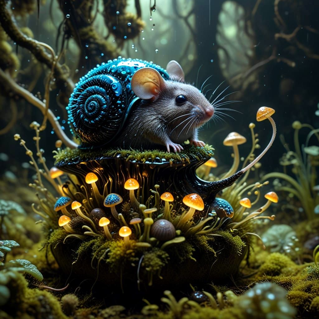 Surreal Mouse Riding Snail in Glowing Organic Landscape