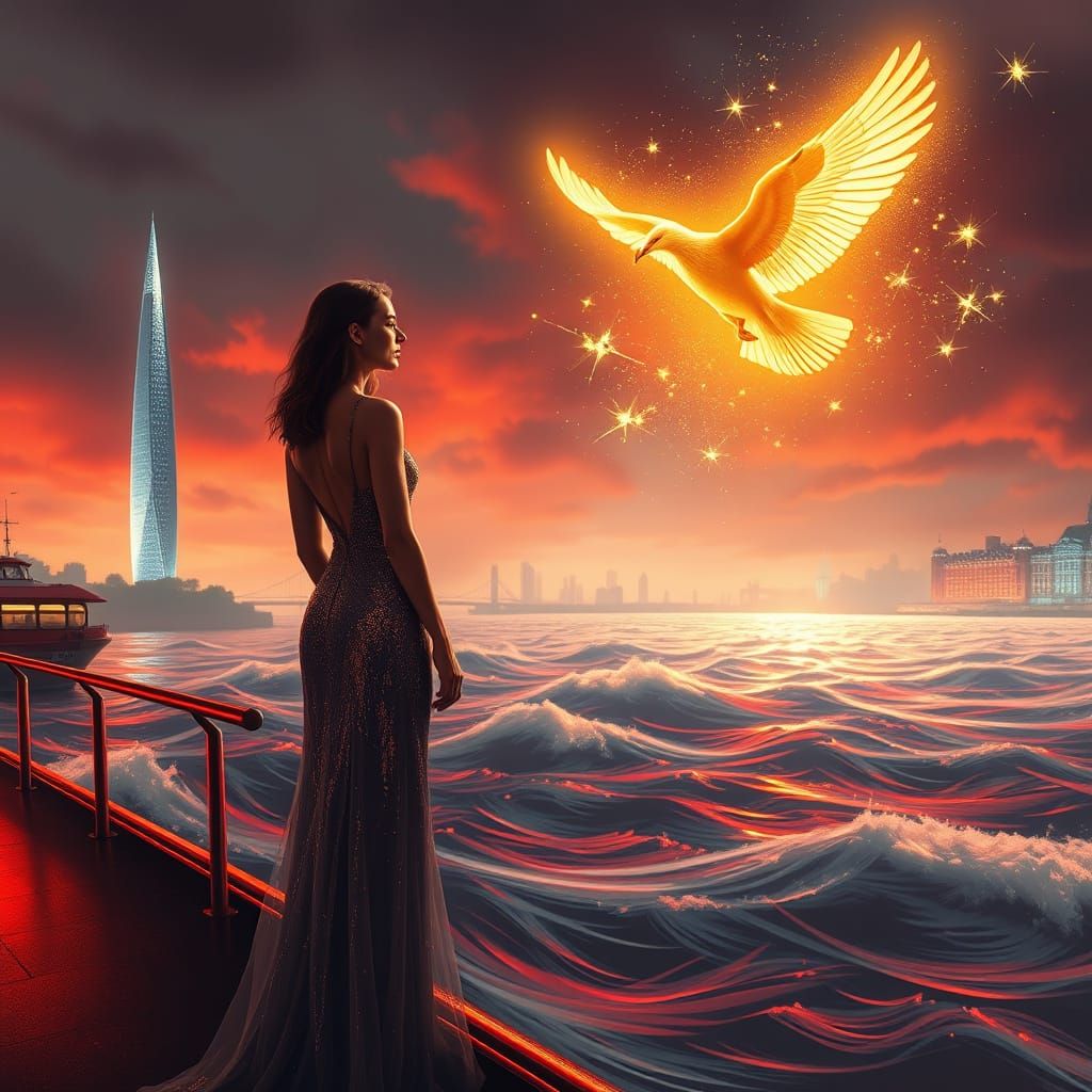 Futuristic Woman Gazing Across River with Golden Bird