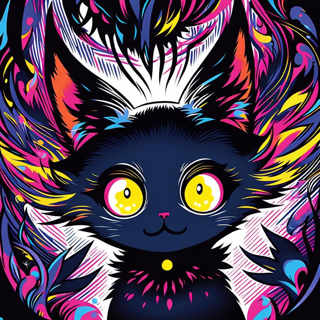 Manga-Style Black Cat Portrait with Shadowy Wisps