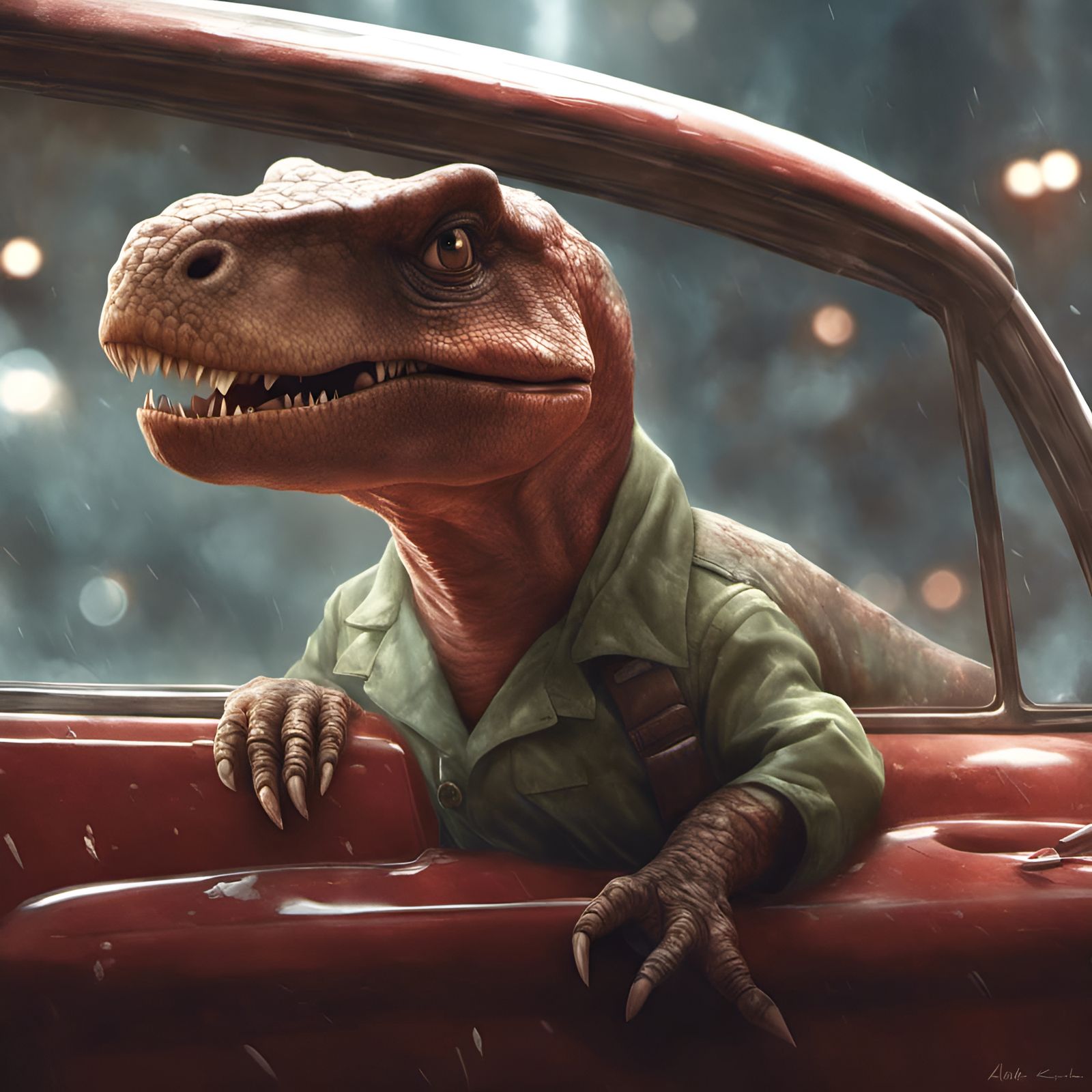 Adorable Dinosaur in Car, Digital Illustration
