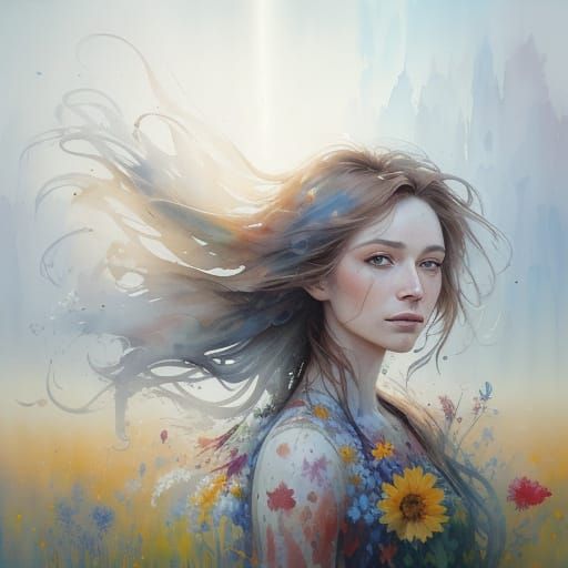 Woman in Wildflower Field in Ethereal Watercolour Style