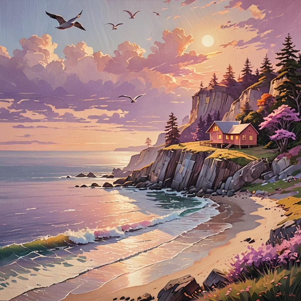 Coastal Cabin at Sunrise in Soft Oil Painting Style