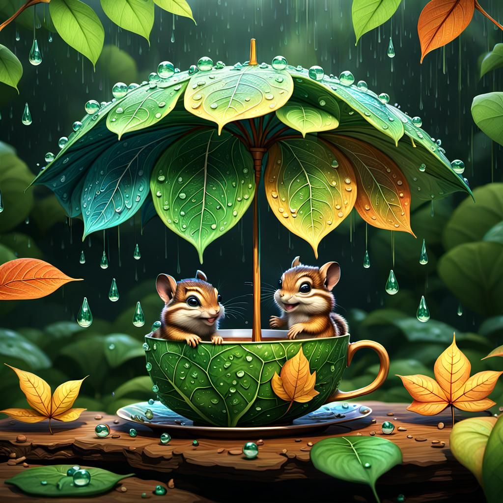 Chipmunk Tea Party Under Leaf Umbrella in Fantasy Art
