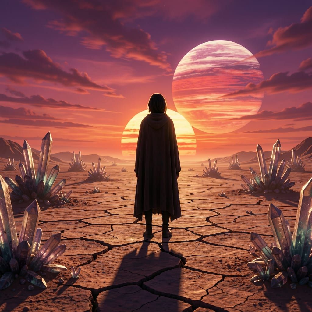 Stoic Woman on Alien Planet at Binary Sunset