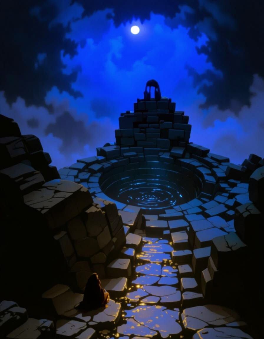Ancient Forest Ritual Site with Glowing Blue Well