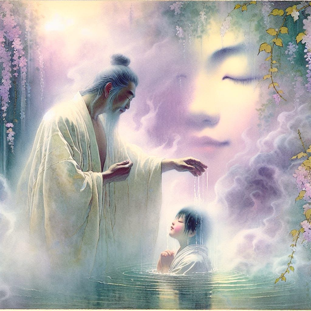 Baptism in Ukiyo-e Style with Watercolors