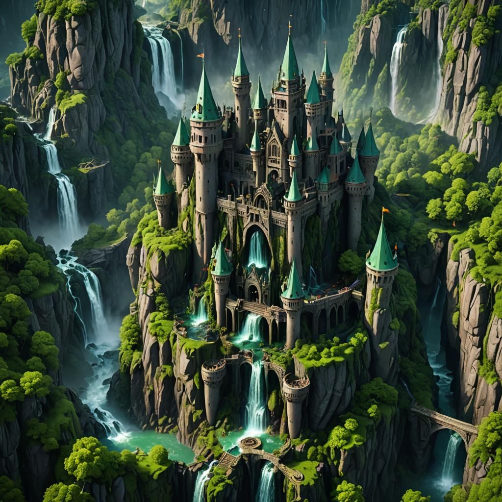 Spooky Castle on Mountain with Green Fire Waterfalls