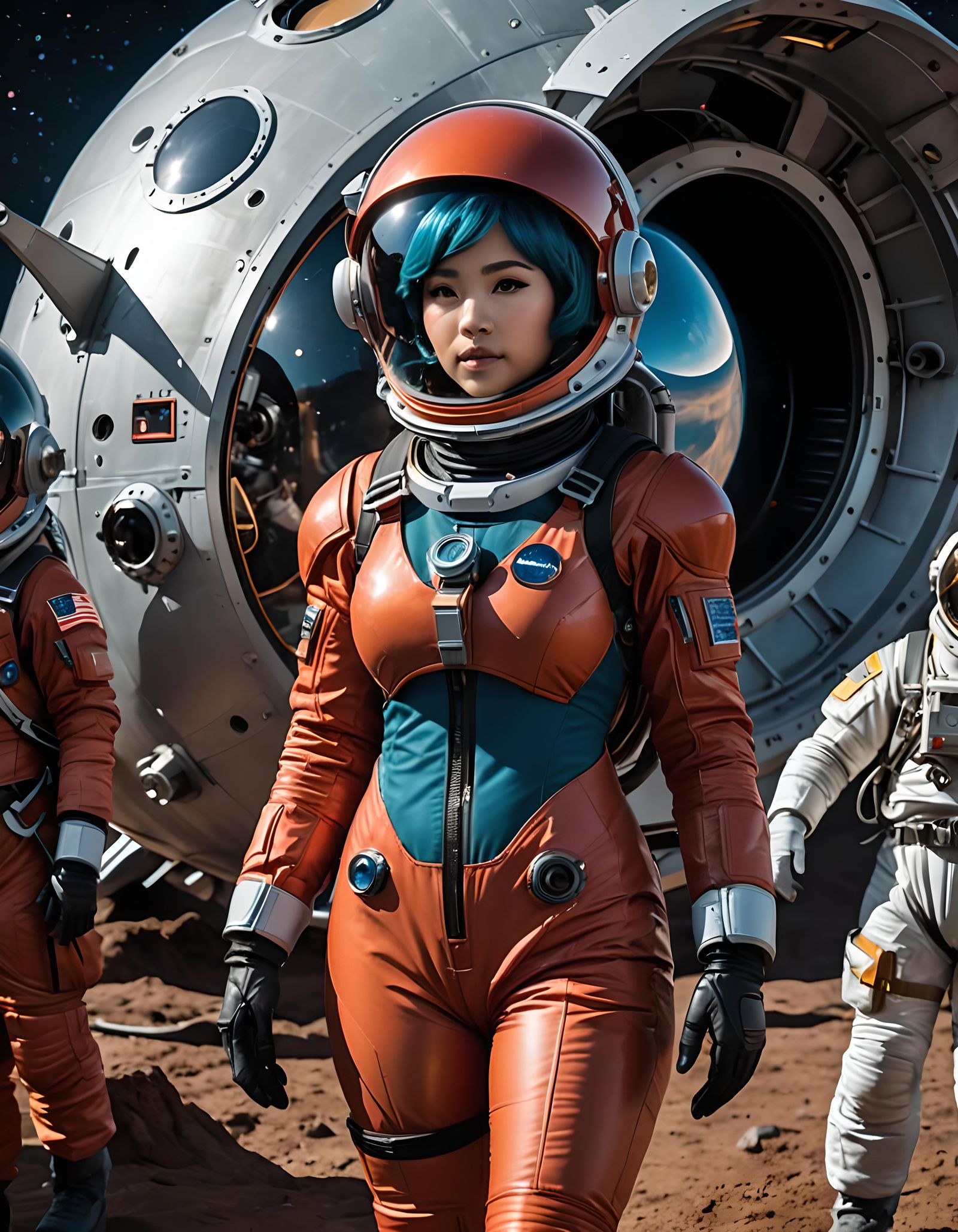 Filipino Woman in Cinnabar Spacesuit in Deep Space