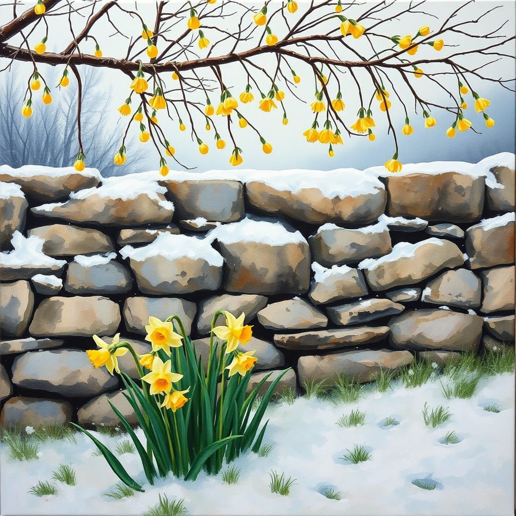 Vibrant Daffodils Push Through Snowy Gouache Landscape