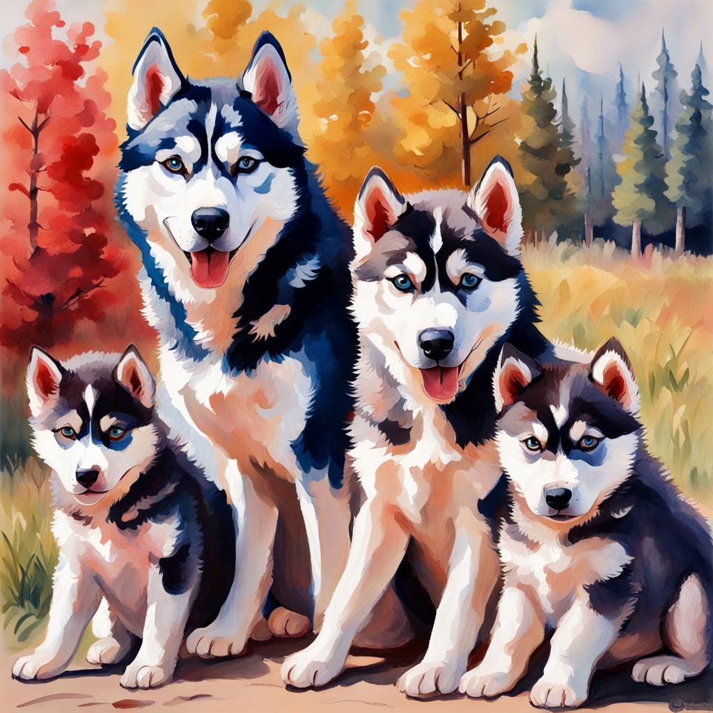Husky Family Portrait in Gouache Watercolor Style