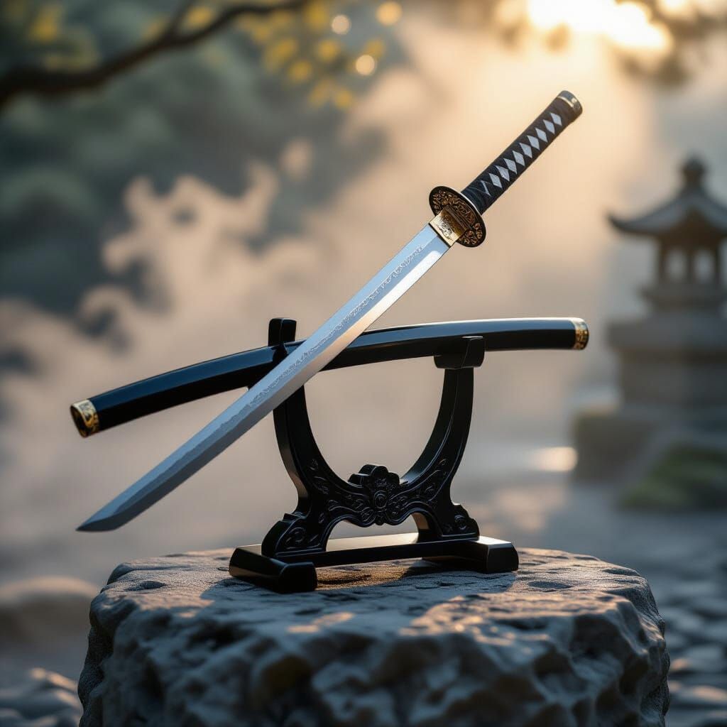 Luminous Katana on Stone Pedestal in Morning Mist