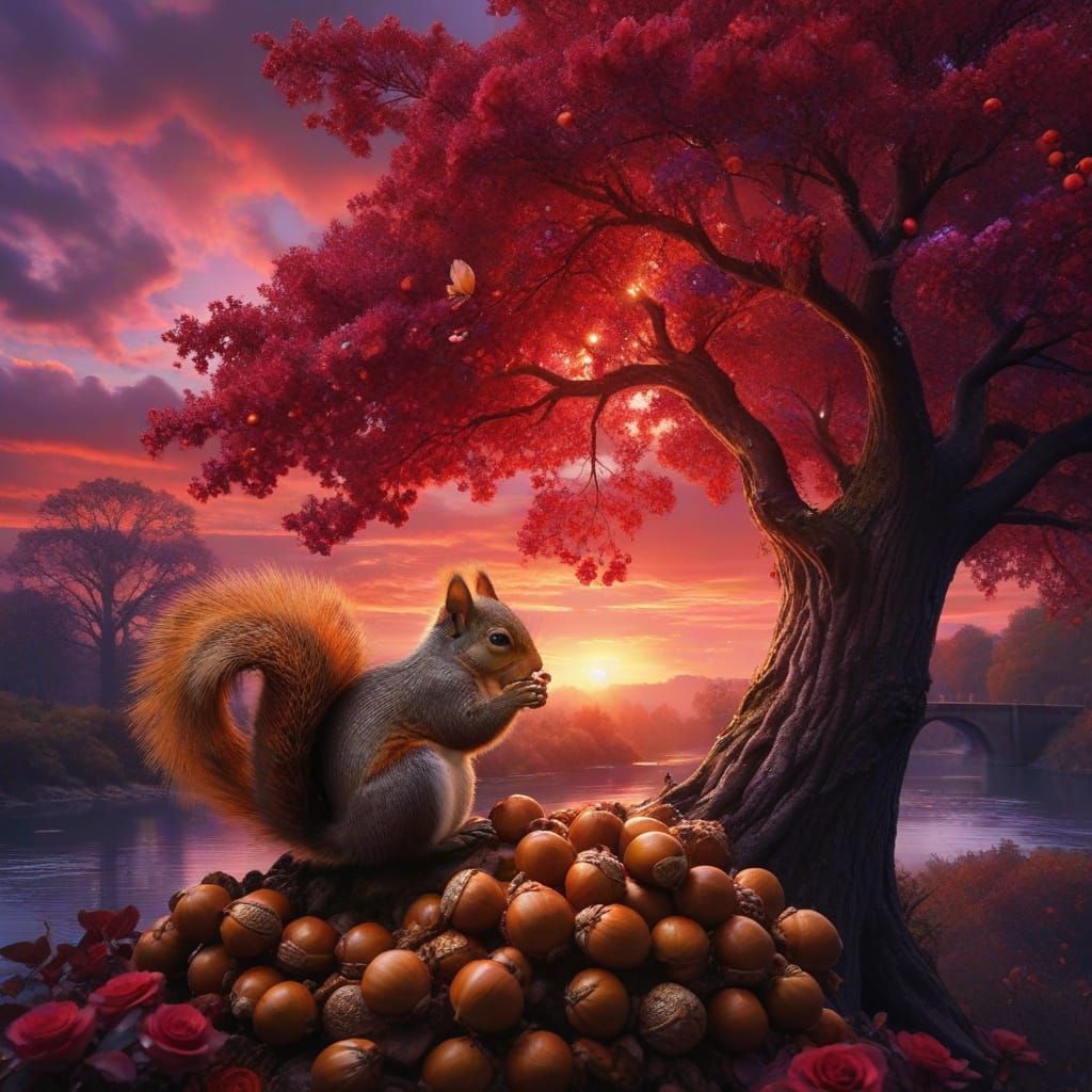 Breathtaking Autumn Sunset with Squirrel in Tree Hollow