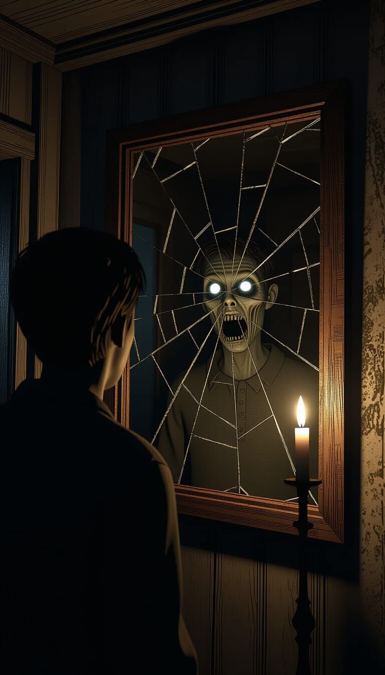 Horror Scene: Creature Traps Traveler in Cracked Mirror