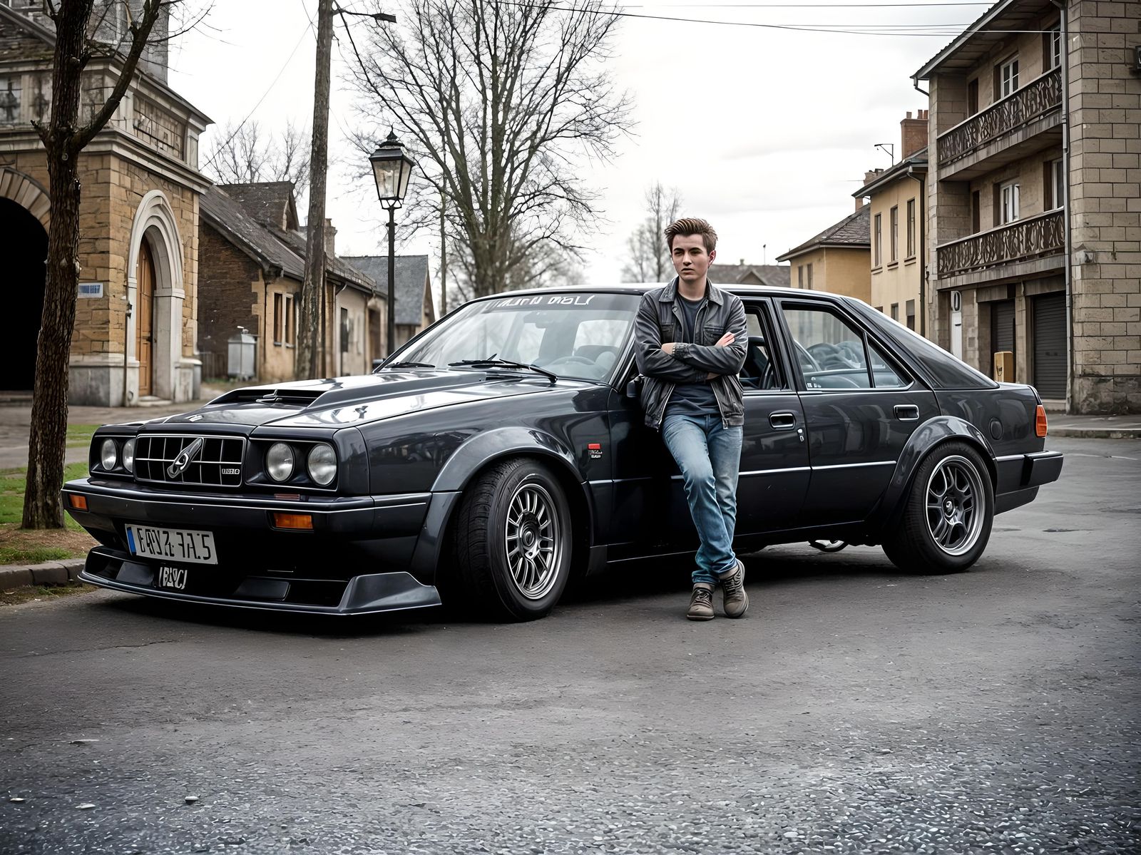 Melancholic Young Driver with Customized 80s Car