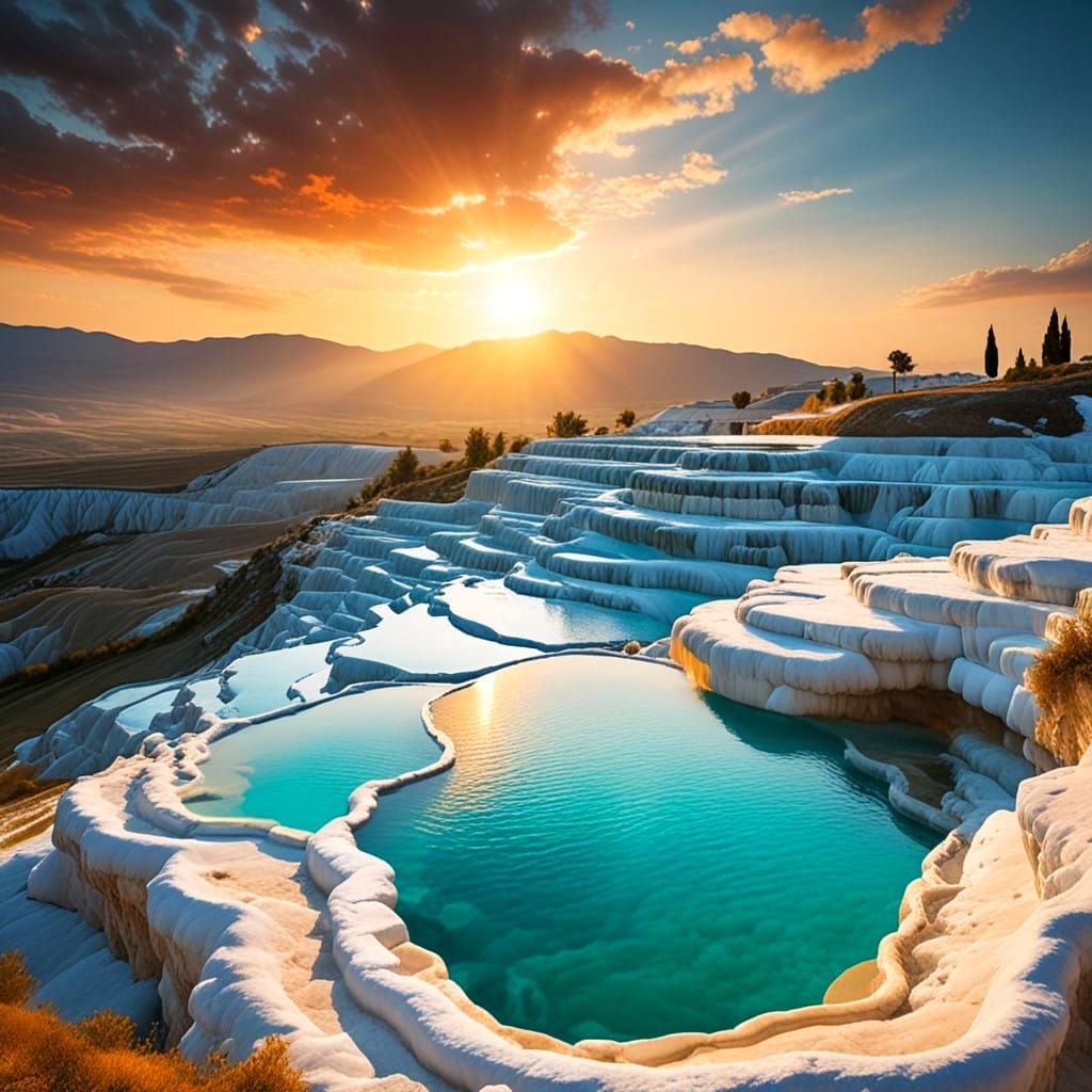 Ethereal Pamukkale Springs Landscape in Golden Hour