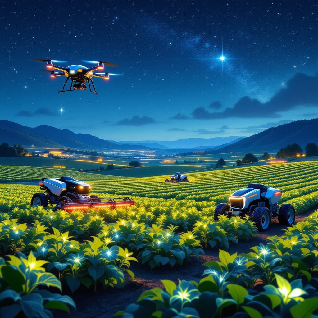 Futuristic Farm at Night with Drone Tech