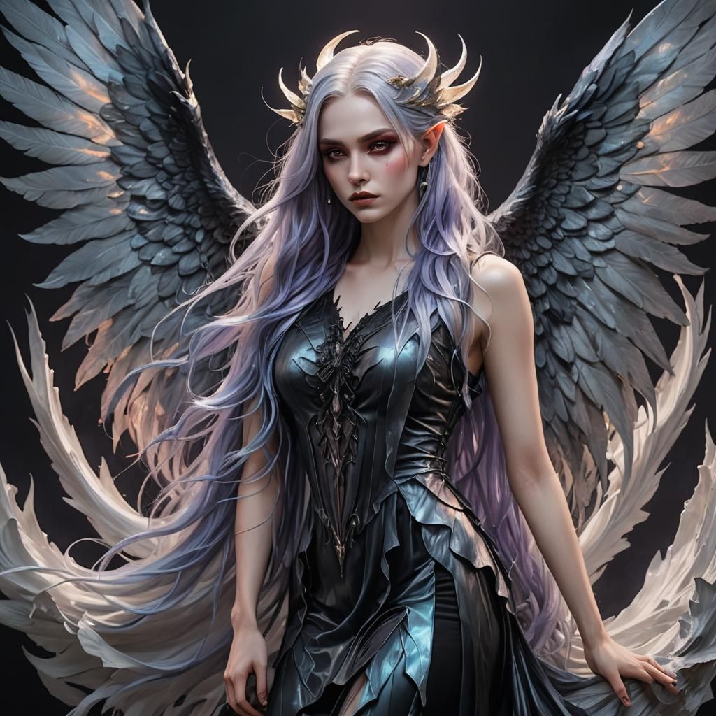 Ethereal Gothic Beauty with Iridescent Hair in Hyperrealism